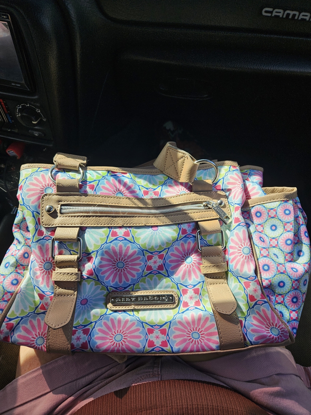 Lily Bloom Pink Floral Canvas Tote with Tan Trim